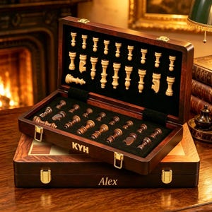May include: A dark wooden chess set case with gold-tone latches, featuring the text KYH on the interior lid and Alex on the exterior base. The open case displays light and dark wooden chess pieces organized in individual slots on a black felt lining.