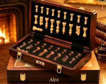 Personalized Engraved Luxury Wooden Chess Set 15",Custom Folding Travel Board with Extra Queens,Unique Custom Gift for Men,Birthday gift