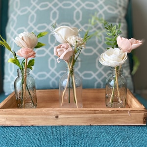 Sola Wood Flowers, Set of 3 Mini Vases in a Wooden Tray, Wooden Flowers, Wood Flower, Mini Flowers, Centerpiece, Bud Vases