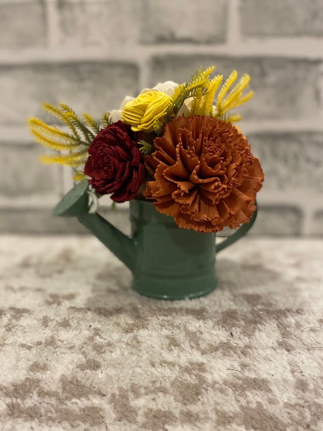 Wood Flower Arrangement in Mini Watering Can, Sola Wood Flowers, Wooden