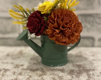 Wood Flower Arrangement in Mini Watering Can, Sola Wood Flowers, Wooden Flower Centerpiece, Mantle Decoration, Faux, Flowers that Don’t Die