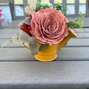 Wood Flower Arrangement in Mini Watering Can, Sola Wood Flowers, Wooden Flower Centerpiece, Mantle Decoration, Faux, Flowers that Don’t Die