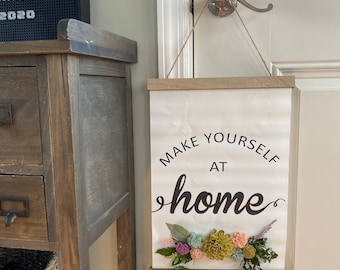 Canvas Wall Hanging “Make Yourself at Home”, Wall Art, Welcome Sign, Wooden Flowers, Wood Flowers, Sola Wood, Floral Wall Art, Floral Sign