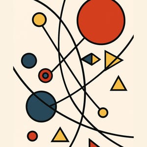 Peut inclure: Impression d'art géométrique abstrait avec un fond crème, des lignes noires et des formes colorées. Le design comprend des cercles, des triangles et des diamants rouges, jaunes et bleus. Le texte en haut indique "INNER GEOMETRIES" et en bas "Reflection cards."