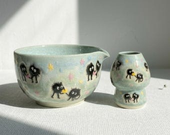 Kawaii Black Spirit Matcha Chawan with Spout, Handmade Ceramic Tea Bowl, Cute Anime Style Kitchen Decor, Unique Gift for Her.