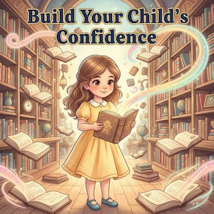 Puede incluir: Ilustración de una niña con un vestido amarillo leyendo un libro en una biblioteca. El texto "Build Your Child's Confidence" está en la parte superior. Los libros flotan a su alrededor, con arcos coloridos que emanan del libro abierto.