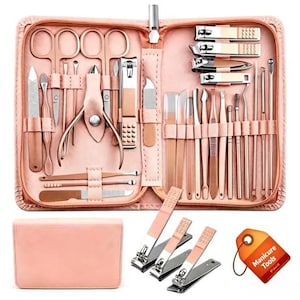 May include: A comprehensive rose gold manicure and pedicure tool set organized in a light pink zippered leather case. The kit includes various stainless steel clippers, scissors, tweezers, nail files, and cuticle pushers, with three additional clippers and a tag labeled Manicure Tools.