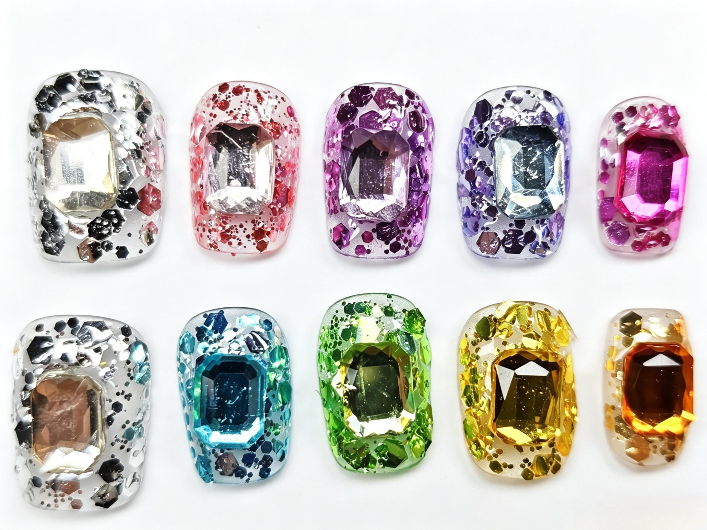 Rainbow Crystal Gem Clear Square Press On Nails ,Transparent Gemstone Glitter Handmade Press Ons