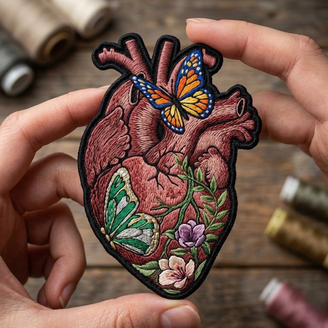 Embroidered Anatomical Heart Patch Butterfly Floral Design Iron on ...