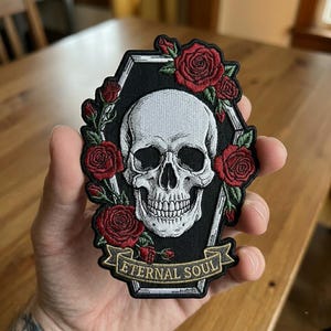 Custom Skull Coffin Patch Eternal Soul Gothic Embroidered Patch Dark Aesthetic Iron On Patch Punk Biker Jacket Badge Alternative Gift
