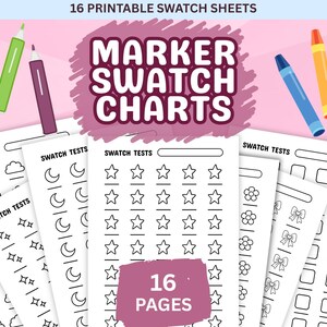 May include: A collection of 16 printable marker swatch charts. The image features various swatch test sheets with shapes and designs, along with colorful markers. The text "Marker Swatch Charts" is prominently displayed.