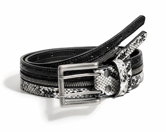 Y2K Snake Skin Zip Belt Black Silver Punk Alt Designer Streetwear Gothic Chrome Style
