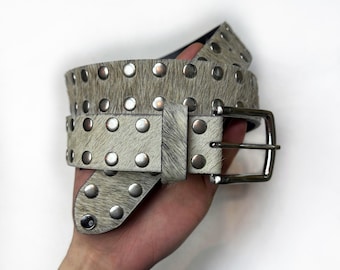 Vintage Stussy 8 Ball Studded Belt Cowhide Hair Tan Beige Leather M/XL Y2K Streetwear Skate Punk Statement Accessory