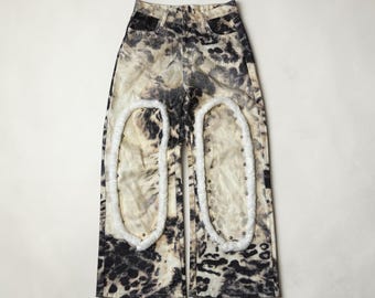 Pantalones vaqueros anchos con paneles de piel de leopardo, estilo Y2K, holgados, urbanos, acampanados, lavados a la nieve, estilo grunge.