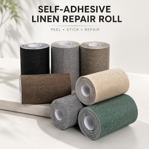 Può includere: Rotoli di riparazione in lino autoadesivi in vari colori, tra cui nero, grigio, marrone, beige e verde. Il testo "PEEL • STICK • REPAIR" è visibile. Questi rotoli sono progettati per una facile applicazione e riparazione.
