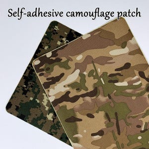 May include: Two self-adhesive camouflage patches. One patch features a digital camouflage pattern in shades of green and brown. The other patch displays a multi-tone camouflage pattern with brown, tan, and green hues. The text "Self-adhesive camouflage patch" is at the top.