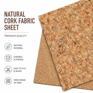 Pode incluir: Uma folha de tecido de cortiça natural com uma superfície texturizada e castanha salpicada. A imagem inclui o texto NATURAL CORK FABRIC SHEET, PREMIUM QUALITY, NATURAL MATERIAL, DURABLE & STRONG, EASY TO CUT & SHAPE e WIDE RANGE OF USES.