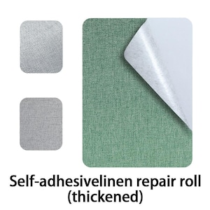 Può includere: Un rotolo di riparazione in lino autoadesivo ispessito con una superficie in tessuto verde testurizzato e un supporto bianco staccabile. Due piccoli campioni quadrati dello stesso materiale in lino verde sono mostrati a sinistra del rotolo principale.