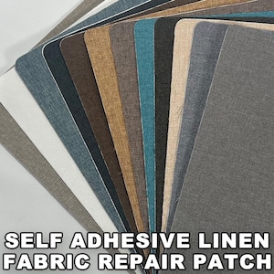May include: A fan of self-adhesive linen fabric repair patches in various colors, including white, gray, brown, and teal. The patches have rounded corners and a textured appearance. The text "SELF ADHESIVE LINEN FABRIC REPAIR PATCH" is displayed at the bottom.