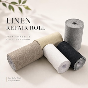 May include: Several rolls of linen repair tape in shades of beige, white, black, and grey. The rolls are self-adhesive and suitable for repairing sofas, chairs, and upholstery. The image includes the text "LINEN REPAIR ROLL" and "SELF-ADHESIVE PEEL • STICK • RESTORE".