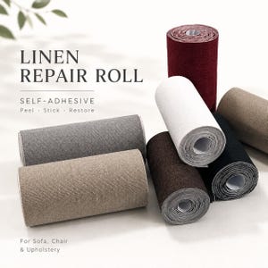 May include: A selection of self-adhesive linen repair rolls in shades of grey, beige, white, brown, black, and burgundy. The rolls are labelled "Linen Repair Roll" and are designed for sofa, chair, and upholstery repair.