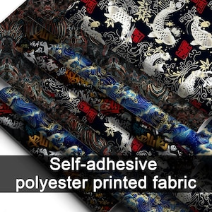 May include: Self-adhesive polyester printed fabric featuring a dark background with white koi fish, gold maple leaves, and red square stamps. The pattern includes swirling blue ocean waves, intricate line work, and abstract graffiti-style text.