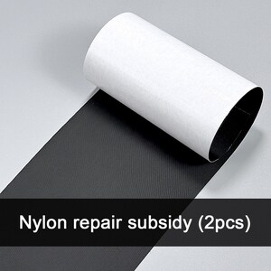 May include: A roll of black nylon repair tape with a white adhesive backing, featuring the text Nylon repair subsidy (2pcs) printed in white on a black horizontal bar across the lower portion of the image.