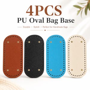 May include: Four oval-shaped bag bases made of PU material in brown, black, blue, and beige. Each base features a series of pre-punched holes along the perimeter and four gold-toned metal feet. The text 4PCS PU Oval Bag Base is visible.