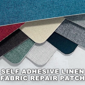 May include: A collection of self-adhesive linen fabric repair patches in various colors, including teal, red, black, beige, green, and gray. The patches are arranged in a layered pattern, with the text "SELF ADHESIVE LINEN FABRIC REPAIR PATCH" at the bottom.