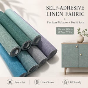 May include: Rolls of self-adhesive linen fabric in shades of blue, green, gray, and purple. Text reads: SELF-ADHESIVE LINEN FABRIC, Furniture Makeover, Peel & Stick, 50cm x 145cm, 19.7in x 57.1in, Easy to Cut, Linen Texture, and DIY Friendly.