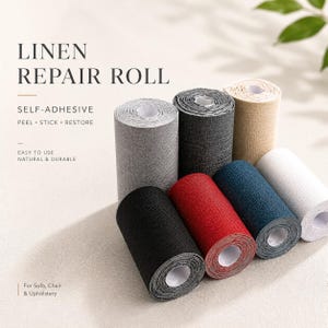 Könnte beinhalten: Verschiedene selbstklebende Leinen-Reparaturrollen in Schwarz, Rot, Blau, Grau und Beige. Die Rollen sind mit "LINEN REPAIR ROLL" beschriftet und für die Reparatur von Sofas, Stühlen und Polstern geeignet.