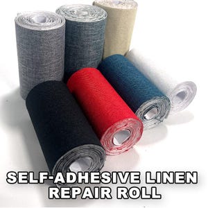 May include: A collection of self-adhesive linen repair rolls in various colors, including black, red, blue, gray, and beige. The rolls are tightly wound, showcasing the textured linen material. Text on the image reads "SELF-ADHESIVE LINEN REPAIR ROLL."