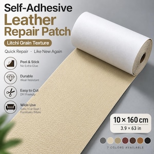 May include: A beige self-adhesive leather repair patch roll with a litchi grain texture. The patch measures 10 by 160 centimeters or 3.9 by 63 inches. Text on the image includes Self-Adhesive Leather Repair Patch, Litchi Grain Texture, Quick Repair, Peel & Stick, Durable, Easy to Cut, and Wide Use.