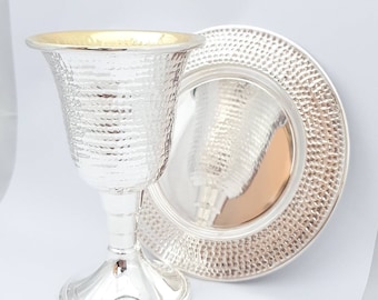 Handmade Sterling silver  KIDDUSH CUP ,925 silver kiddush cup & plate,made in israel,hammered design kiddush cup,sale price, unique