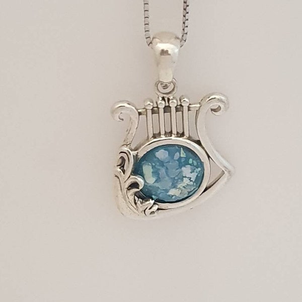 David harp sterling silver pendant set with roman glass,david harp symbol pendant,ancient roman glass necklace,amazing pendant SALE !!!