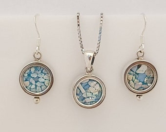 Ancient roman glass silver set, necklace and earrings,antique roman glass silver necklace,israeli design roman glass set,classic circule set