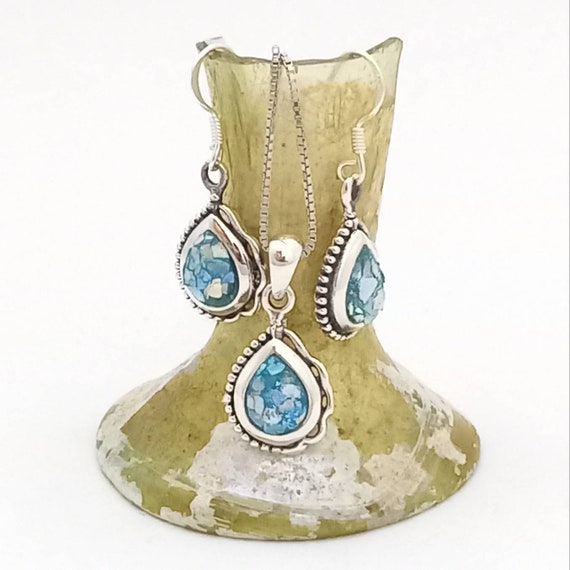 Roman Glass Jewelry Set, Sterling Silver Pendant & Earrings, Ancient Roman Glass, Israeli Design Necklace