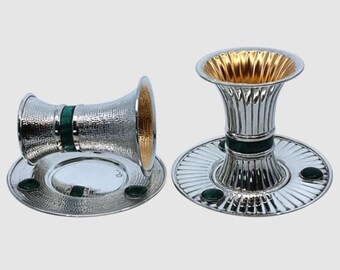 Shabbat kiddush cup,MODERN STRIPED MALACHITE kiddush cup,unique design,amazing fine silverart ,classic and unique kiddush cup