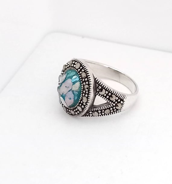 Ancient Roman Glass Ring with Marcasite Band Sterling Silver Ancient Roman Glass Ring with Marcasite Band Sterling Silver