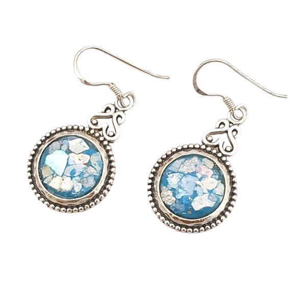 handmade Roman glass silver earring ,ancient roman glass earring,silver earring,silver roman glass jewelry,unique earring,israeli  designer