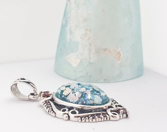 Sale !!!  Silver roman glass pendant and necklace,israeli design, ancient roman glass and garnet,ethnic design,set with 14 cz garnet stones