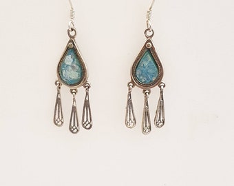 Roman glass earring ,roman glass silver earring, long silver earring,ancient roman glass jewelry,amazing filigree earring,israeli  designer