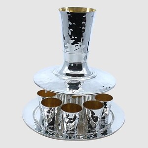 Hammered Sterling Silver Kiddush Wine Fountain - Shabbat Set for 8
