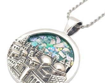 Silver pendant & chain,with 2000-year-old ancient Roman glass, With a relief of the old city of Jerusalem, Amazing jewelry from israel