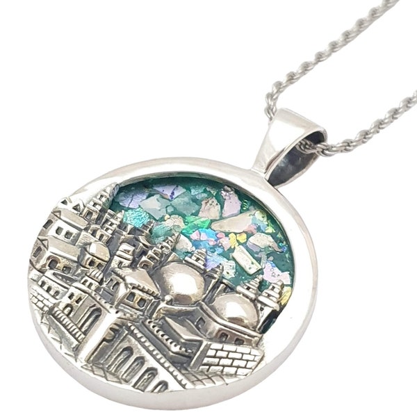 Silver pendant & chain,with 2000-year-old ancient Roman glass, With a relief of the old city of Jerusalem, Amazing jewelry from israel