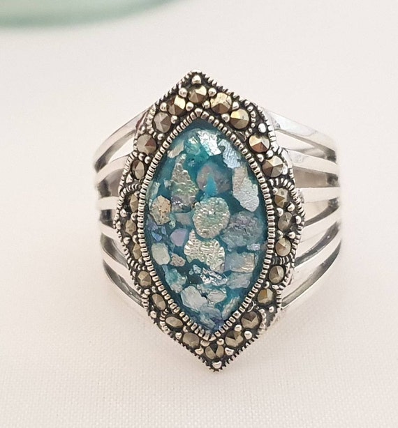 Ancient Roman Glass Ring with Marcasite Band Sterling Silver Ancient Roman Glass Ring with Marcasite Band Sterling Silver
