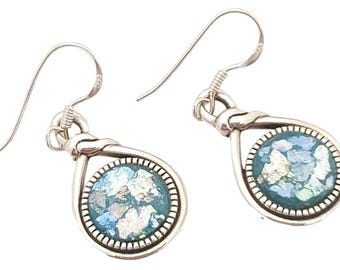 Ancient Roman Glass Abstract Swirl Design Dangle Earrings Sterling Silver - Handmade in Israel Ancient Roman Glass Abstract Swirl Design Dangle Earrings Sterling Silver - Handmade in Israel