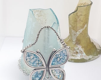 Ancient Roman glass handmade pendant ,Butterfly design pendant,roman glass jewelry ,roman glass amazing pendant,delicate silver pendant