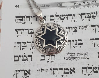 Amazing silver pendant,david star silver pendant,silver onyx star of david pendant,judaica silver jewelry,jerusalem city design