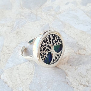 May include: A silver ring with a tree of life design. The tree is cut out of the silver and has a green and blue stone in the center.